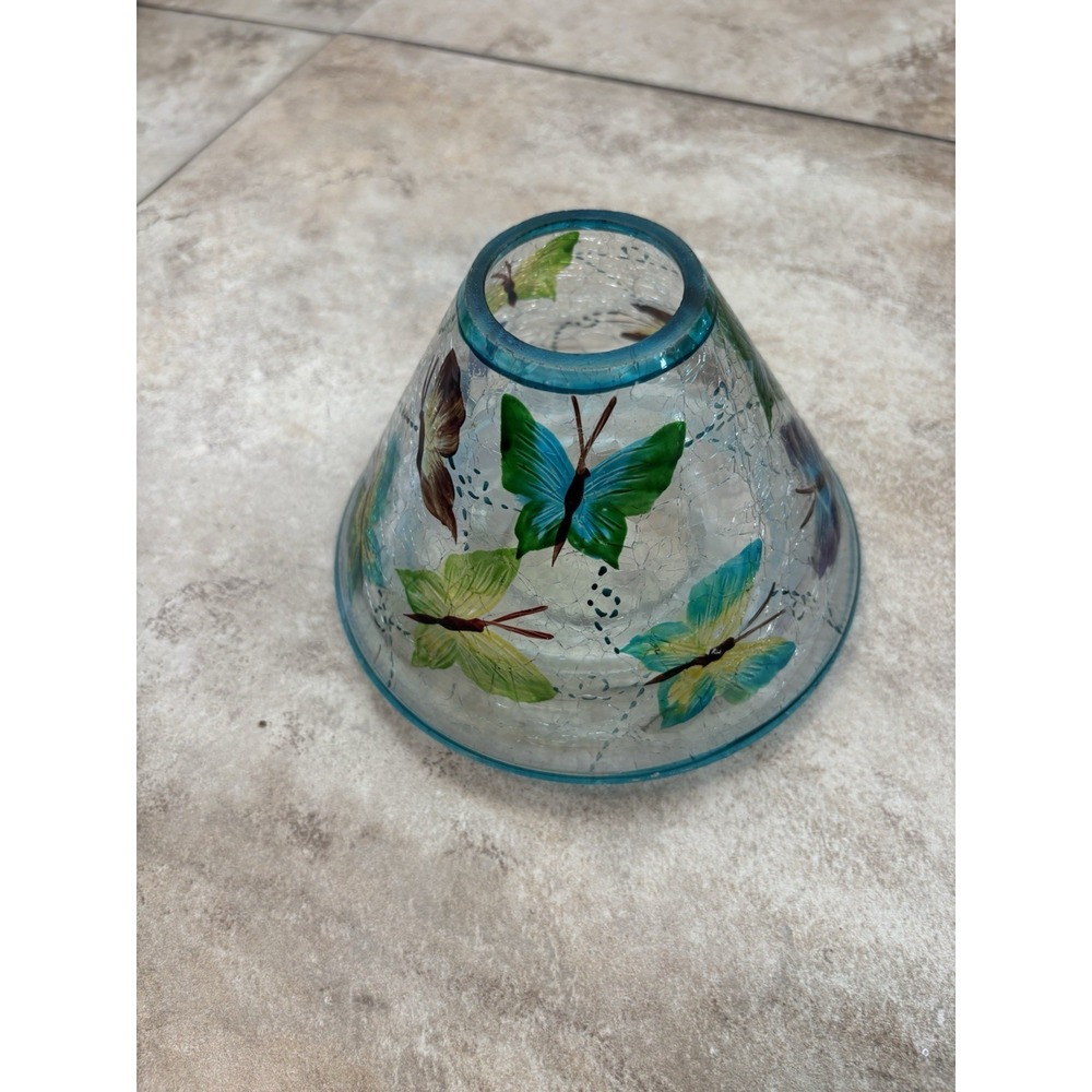 Butterfly Crackle Glass Lamp Shade Blue Green Hand Painted Replacement 6" x 4"